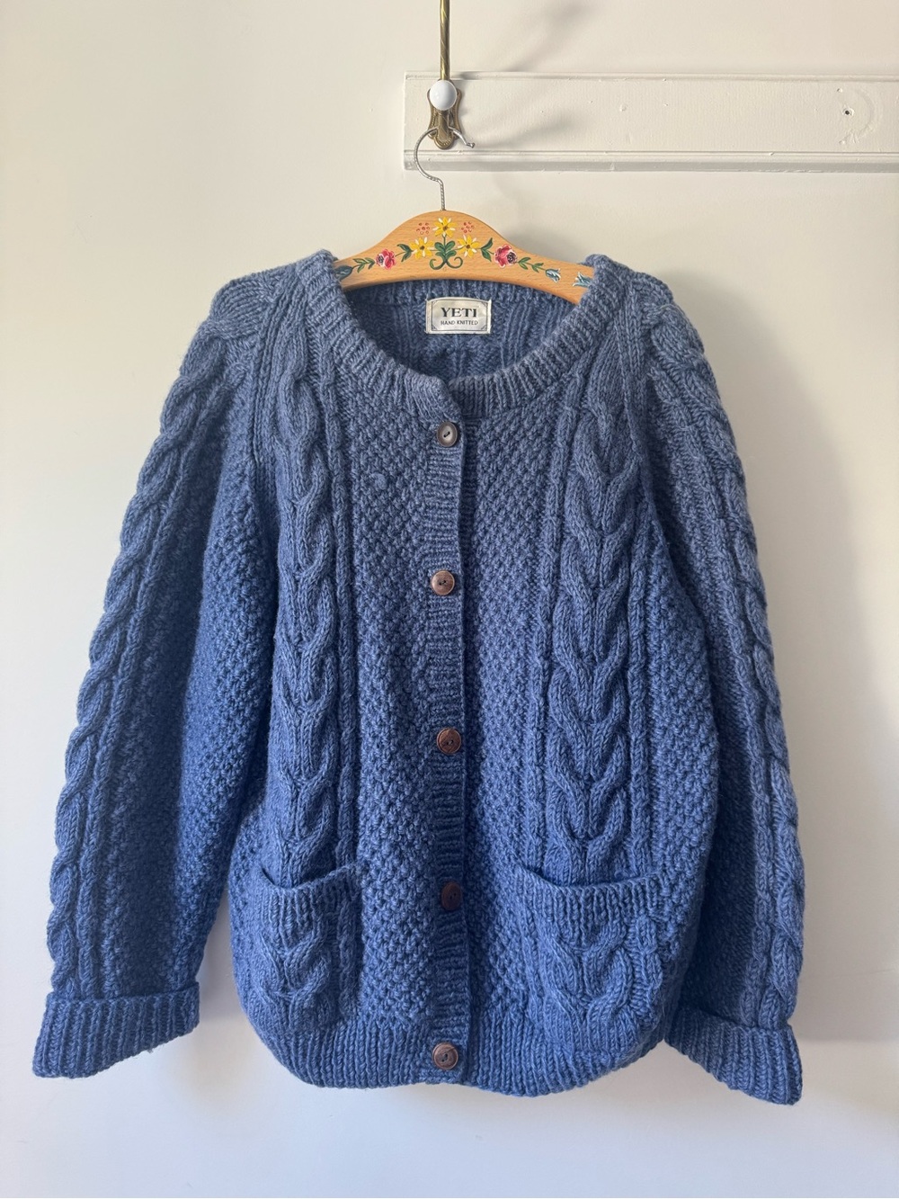 Wool Blend Blue Cable Knit Button-Front Sweater - Hand Knitted